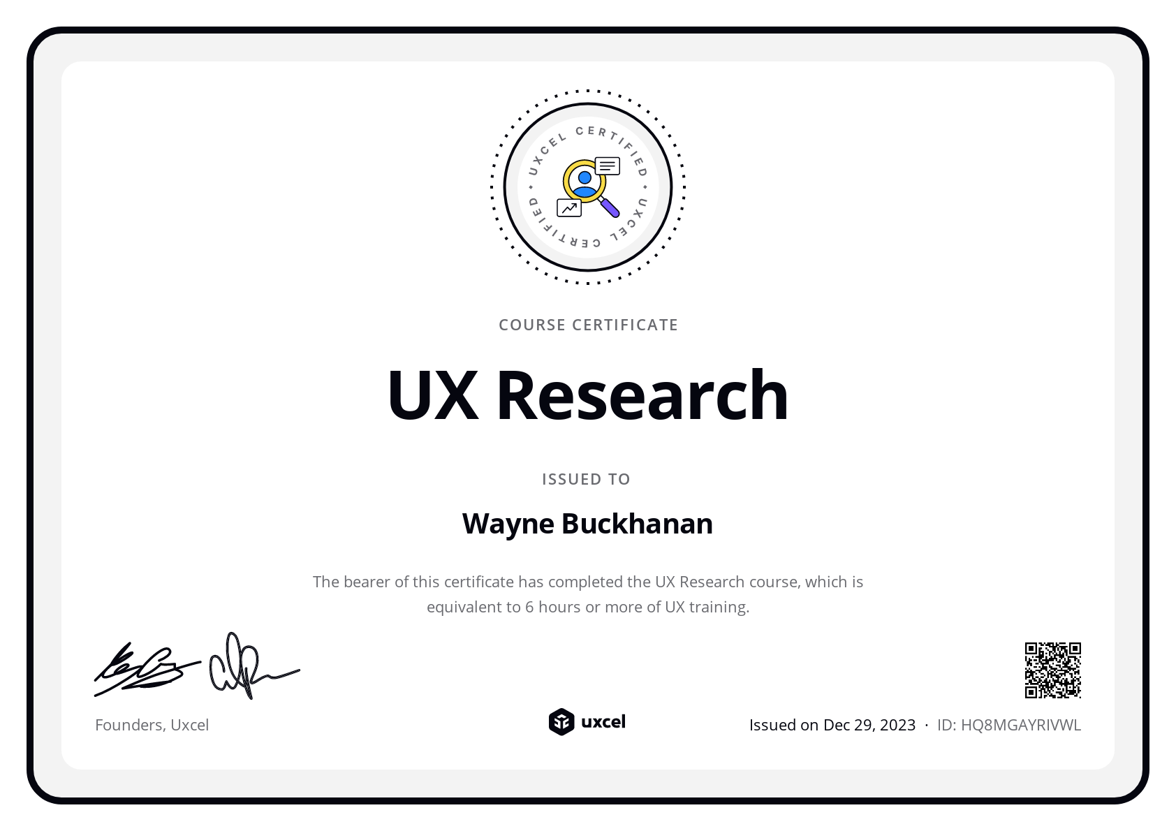Wayne Buckhanan's certificate